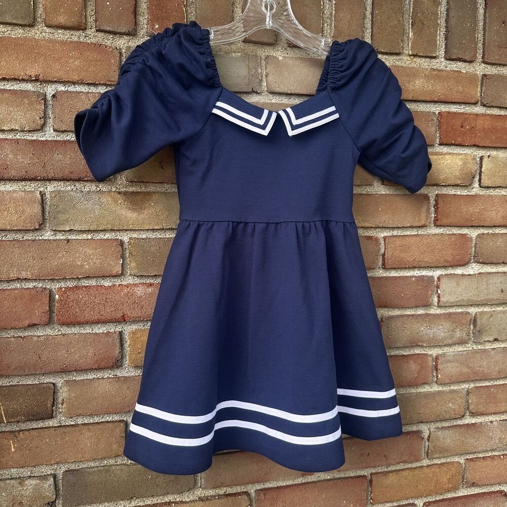 Janie and Jack Girls Navy Sailor Dress Puff Sleeve Knit Size 6 Nautical - Picture 3 of 10